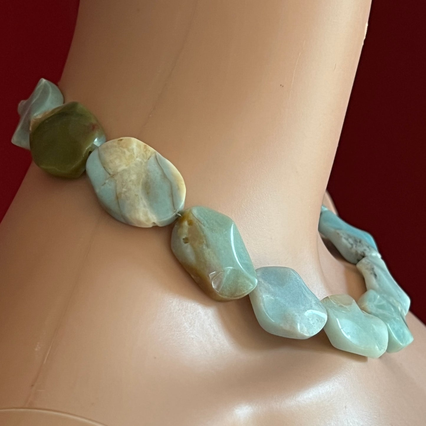 Vintage amazonite bead necklace with faceted oval stones and toggle clasp