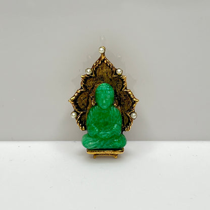 Vintage Ambassador Buddha brooch with jade glass figure and faux pearls