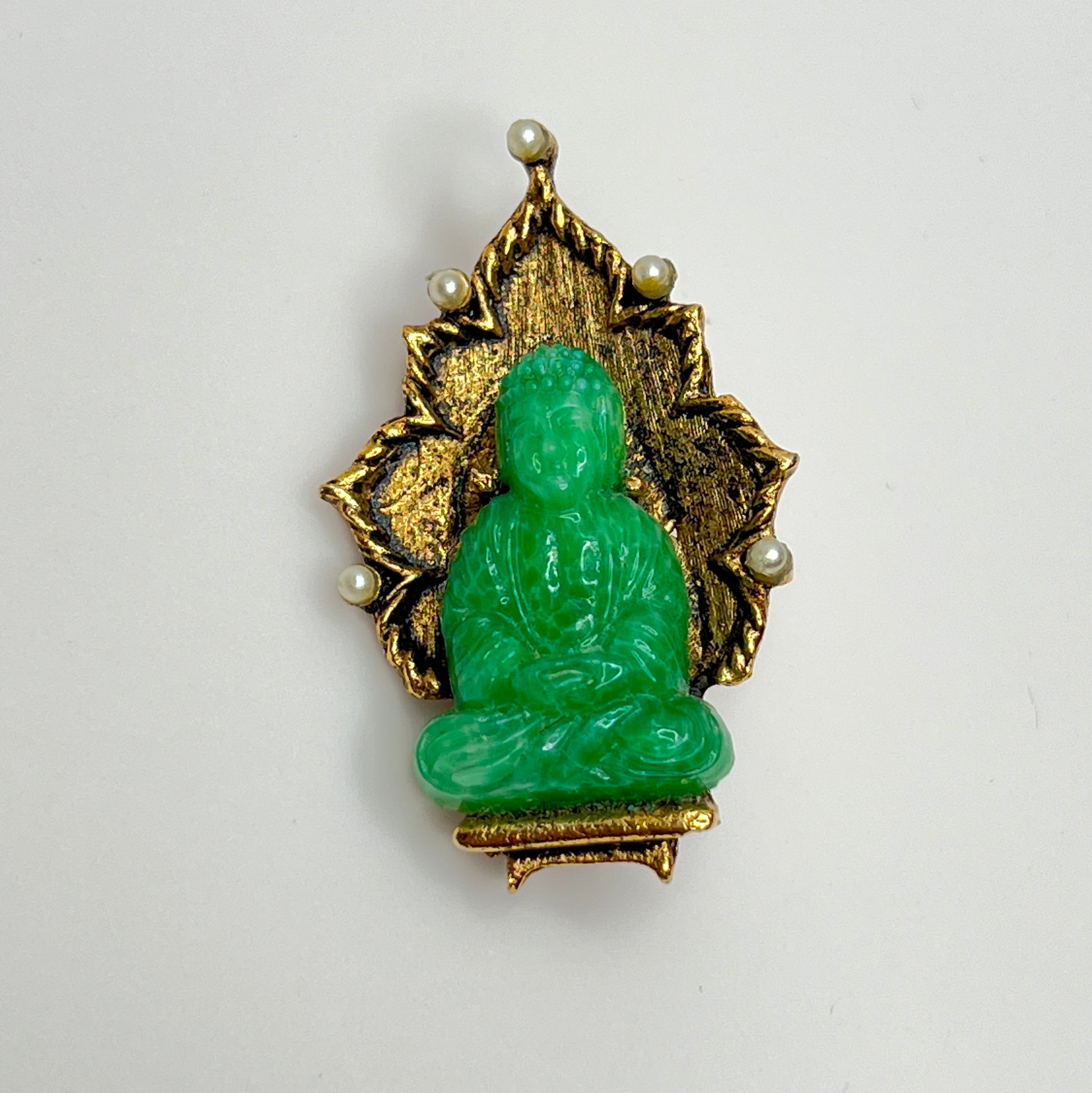 Vintage Ambassador Buddha brooch with jade glass figure and faux pearls