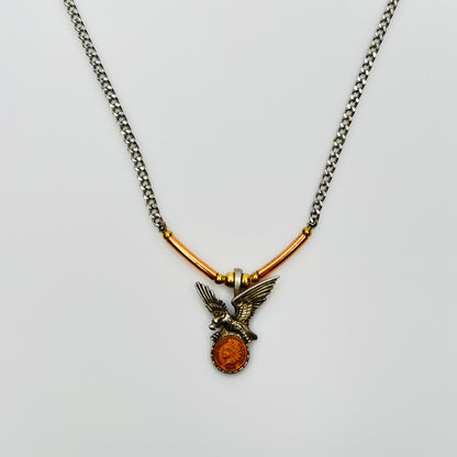 Mixed metal eagle pendant necklace with coin medallion detail