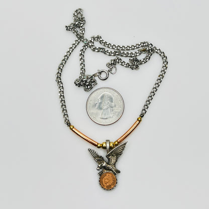 Full necklace with eagle coin pendant and chain, size reference with quarter