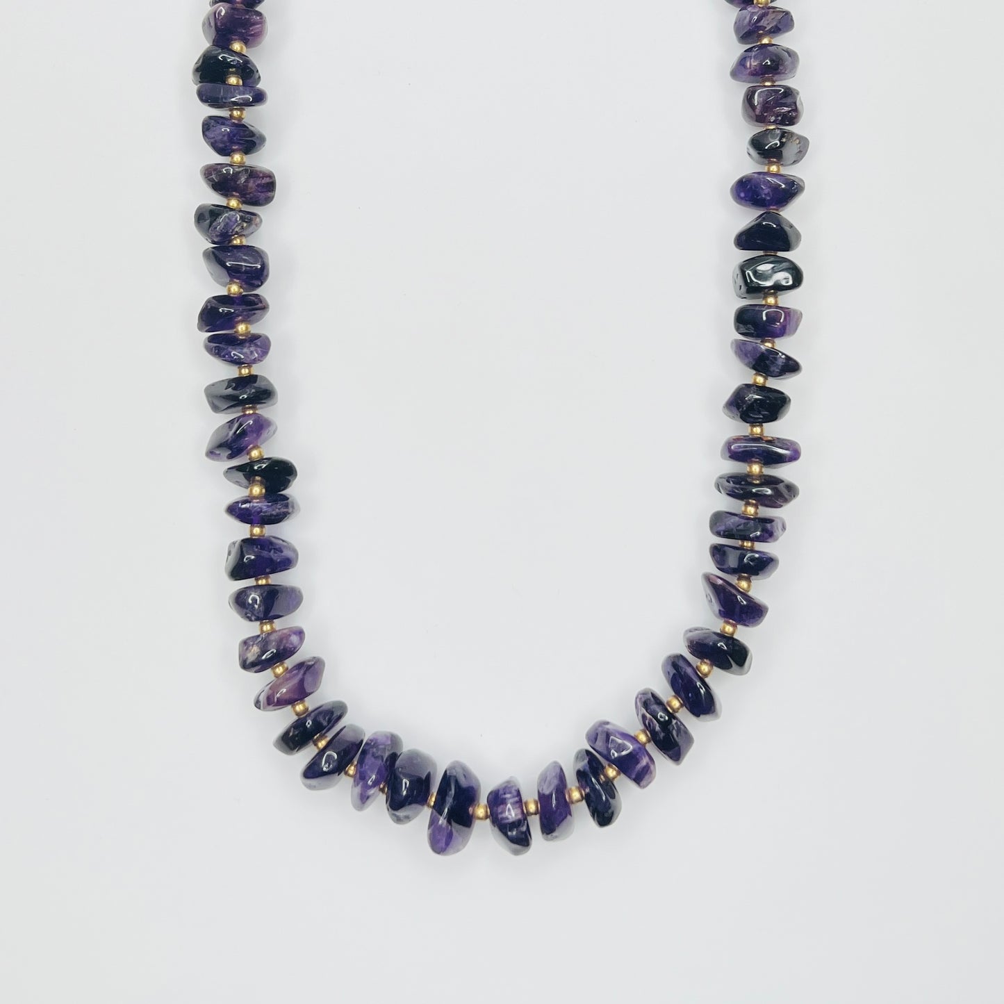Vintage long amethyst nugget necklace with brass spacers and barrel clasp