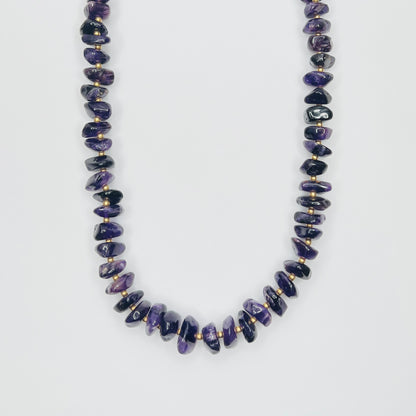 Vintage long amethyst nugget necklace with brass spacers and barrel clasp