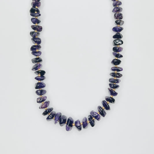 Vintage long amethyst nugget necklace with brass spacers and barrel clasp