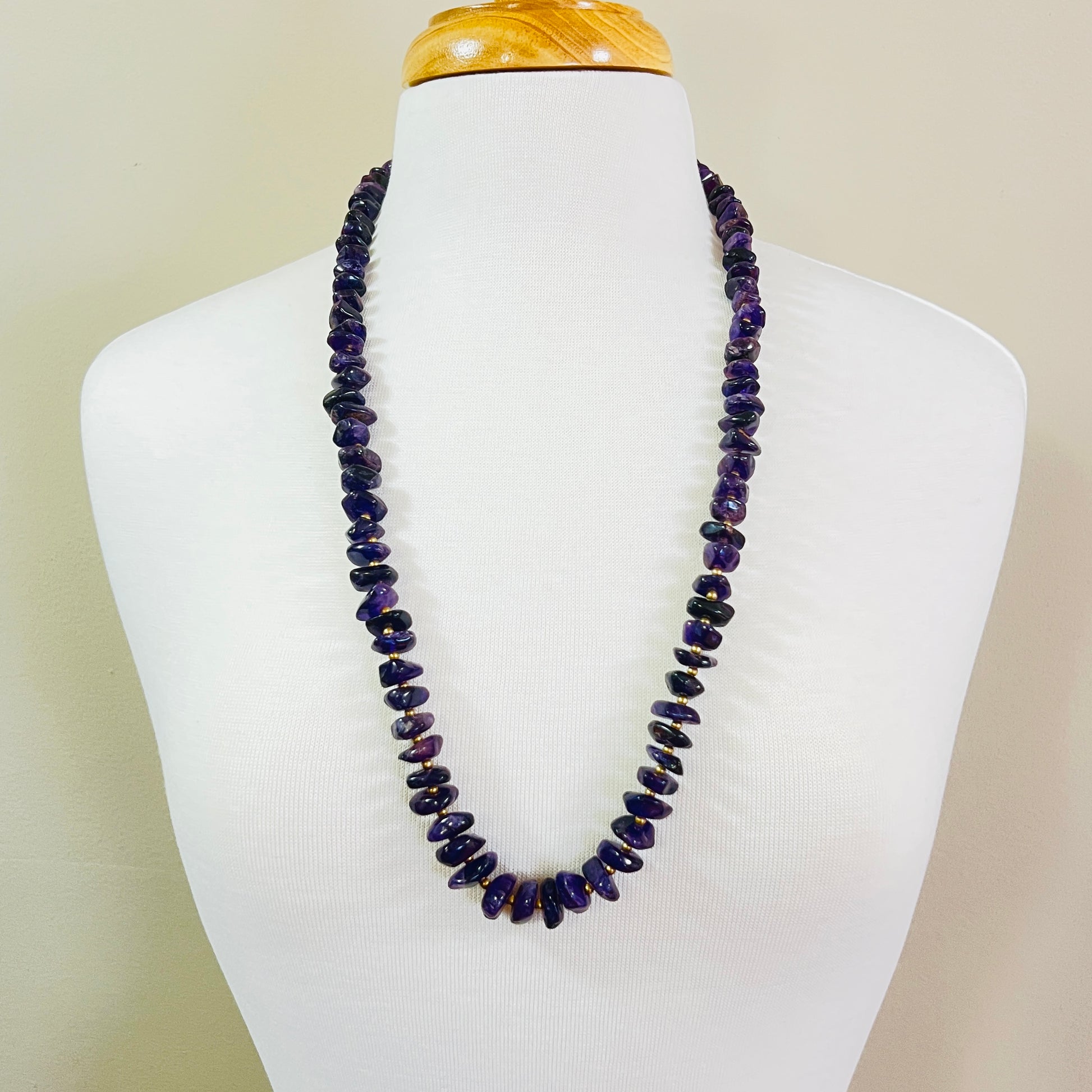 Vintage long amethyst nugget necklace with brass spacers and barrel clasp
