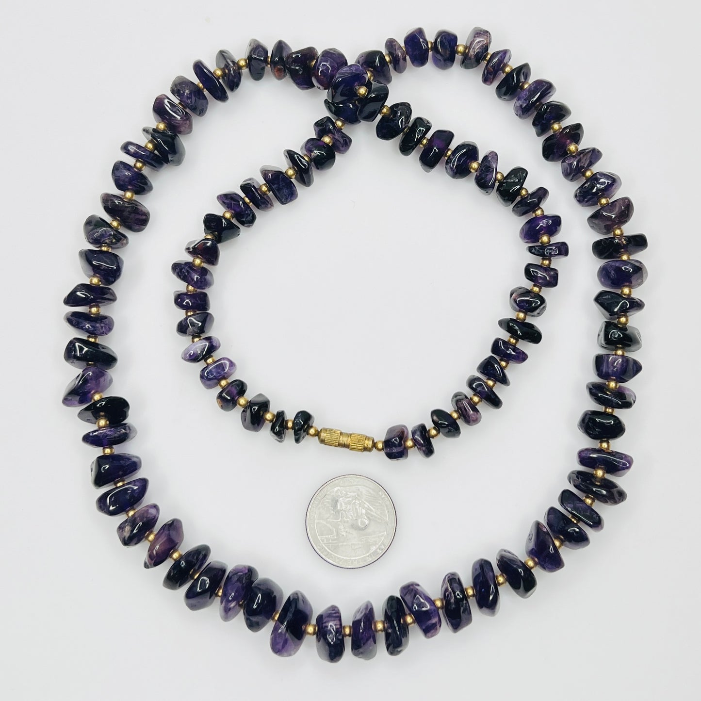 Vintage long amethyst nugget necklace with brass spacers and barrel clasp