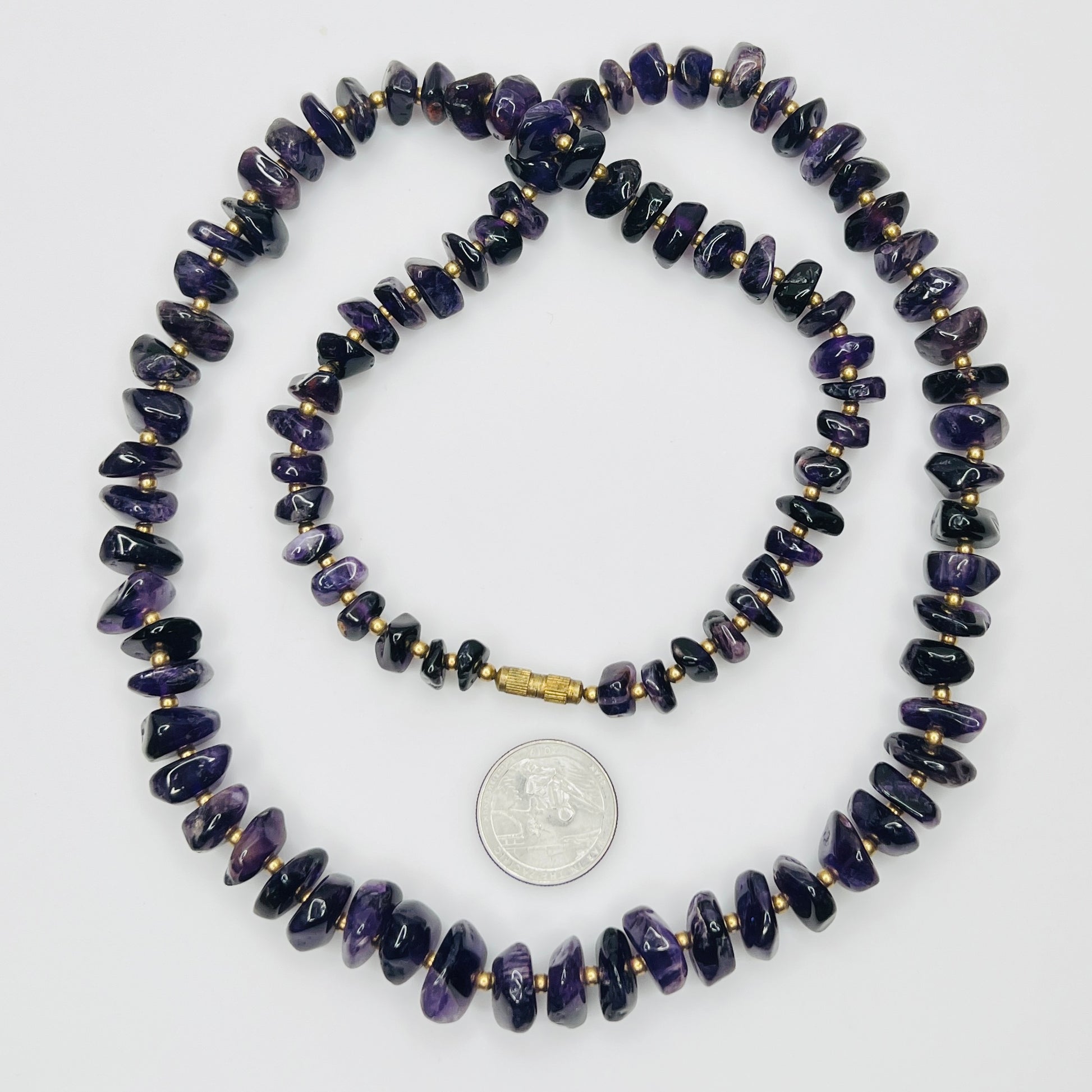 Vintage long amethyst nugget necklace with brass spacers and barrel clasp