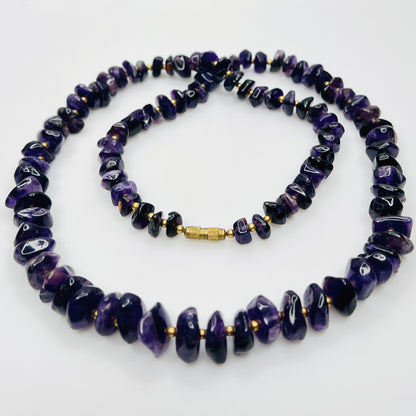 Vintage long amethyst nugget necklace with brass spacers and barrel clasp