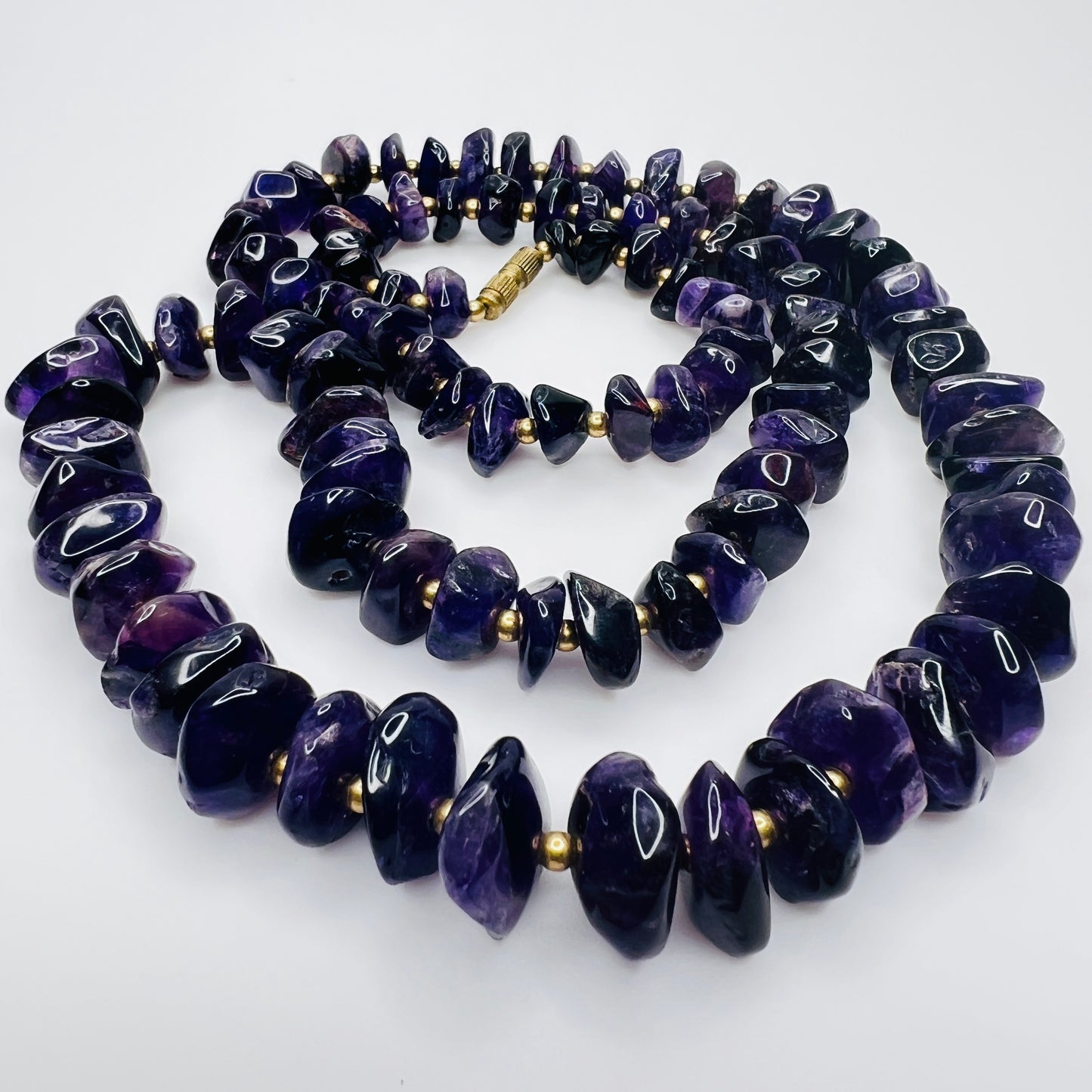 Vintage long amethyst nugget necklace with brass spacers and barrel clasp
