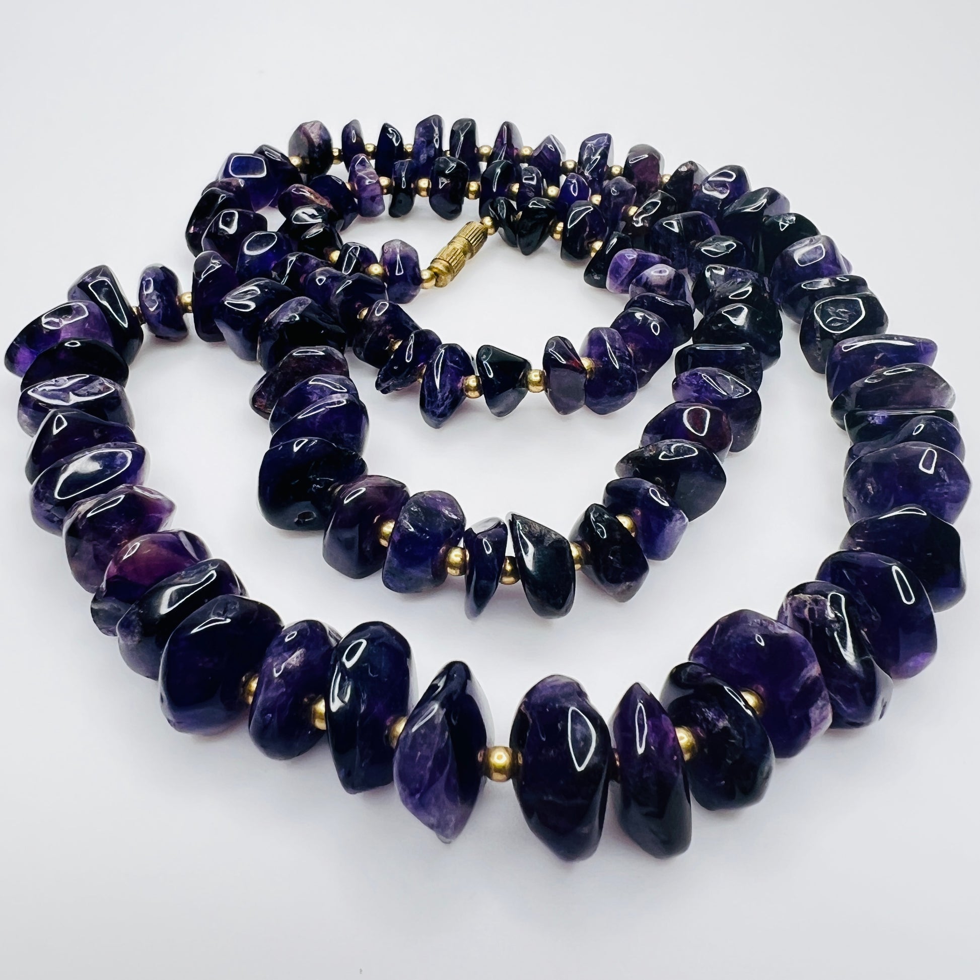 Vintage long amethyst nugget necklace with brass spacers and barrel clasp