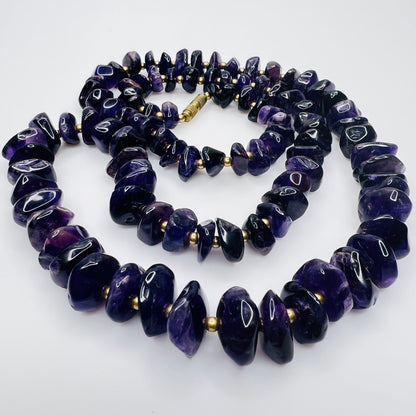 Vintage long amethyst nugget necklace with brass spacers and barrel clasp