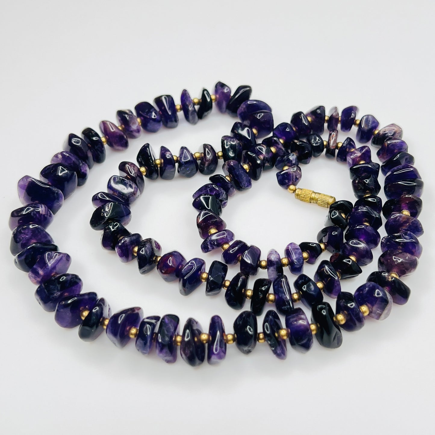 Vintage long amethyst nugget necklace with brass spacers and barrel clasp