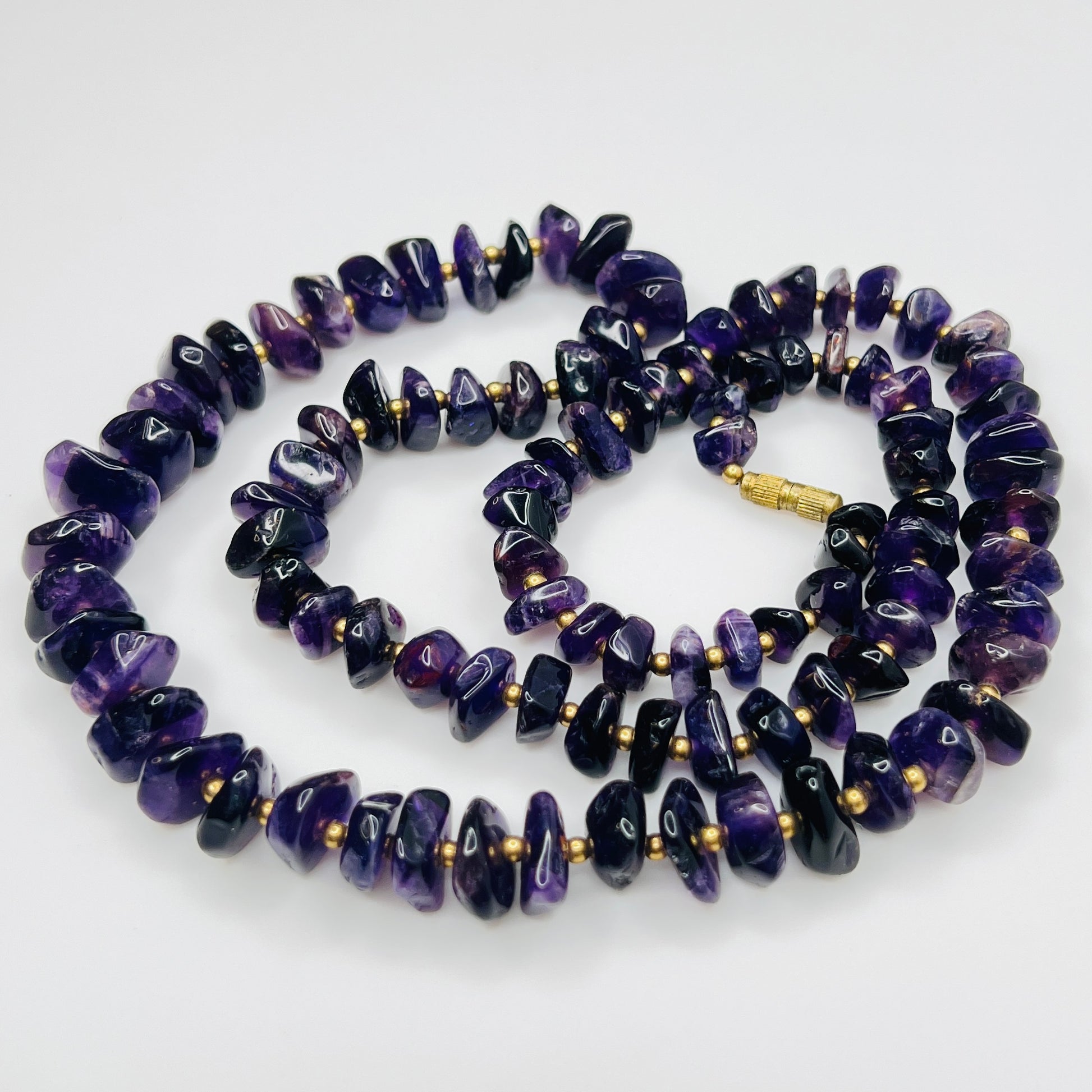 Vintage long amethyst nugget necklace with brass spacers and barrel clasp