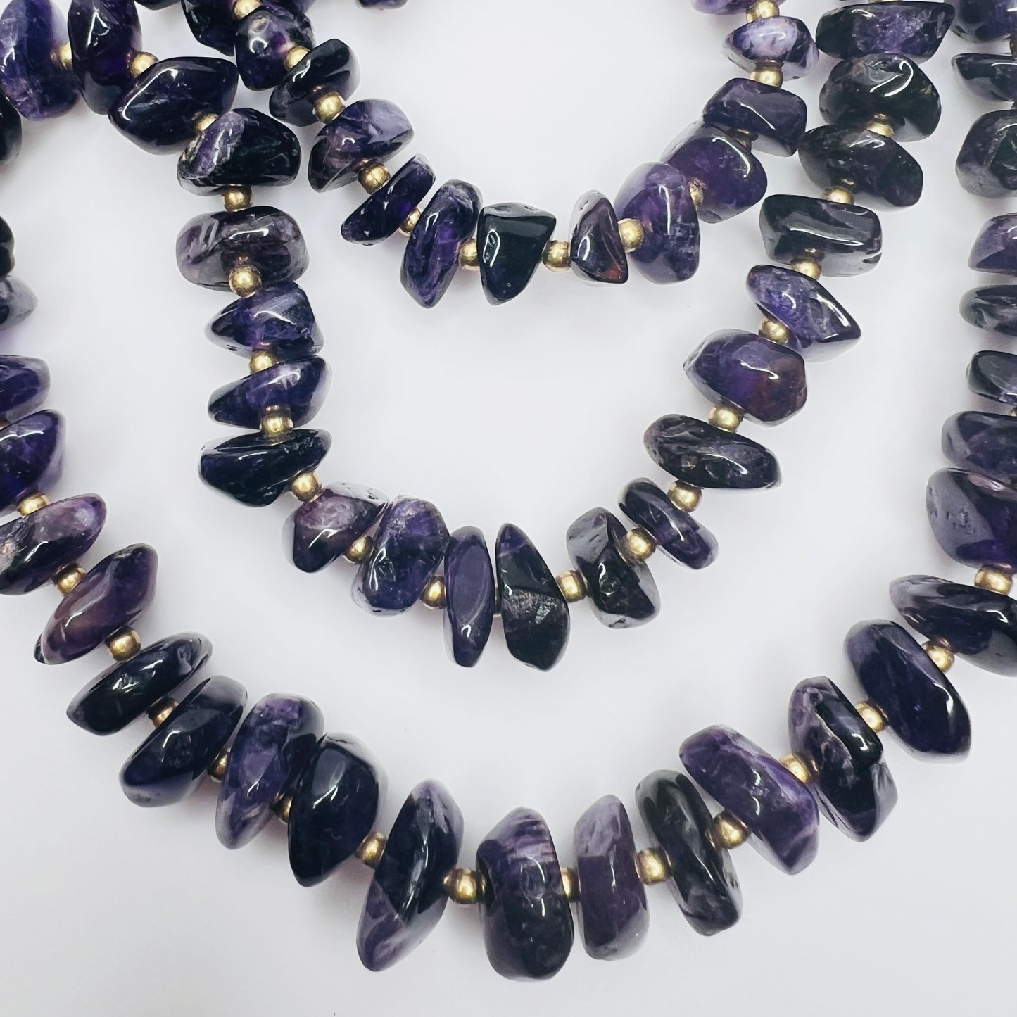 Vintage long amethyst nugget necklace with brass spacers and barrel clasp