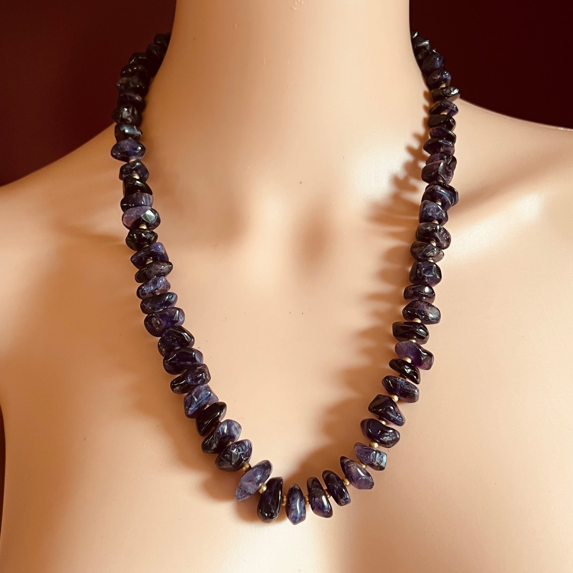 Vintage long amethyst nugget necklace with brass spacers and barrel clasp