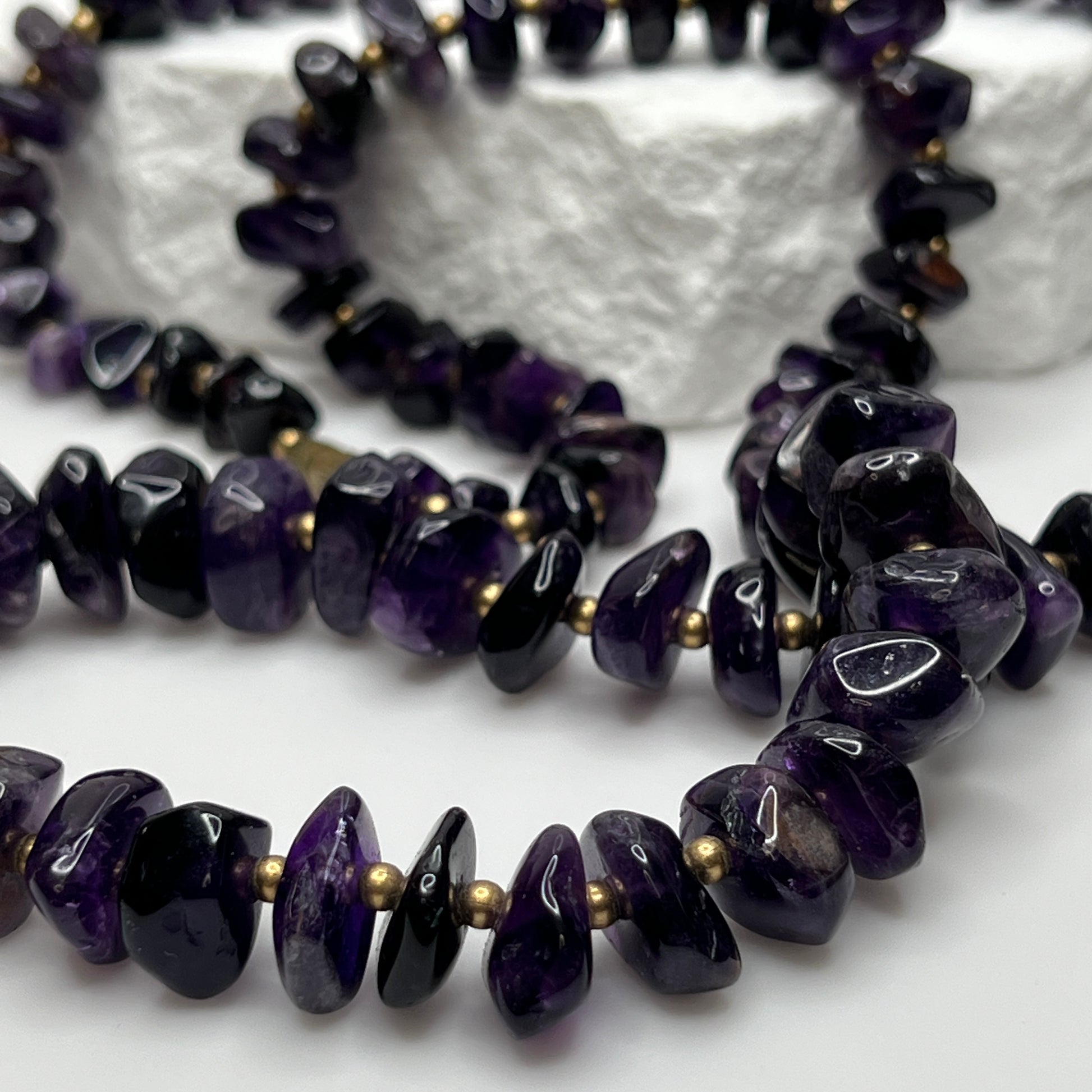 Vintage long amethyst nugget necklace with brass spacers and barrel clasp