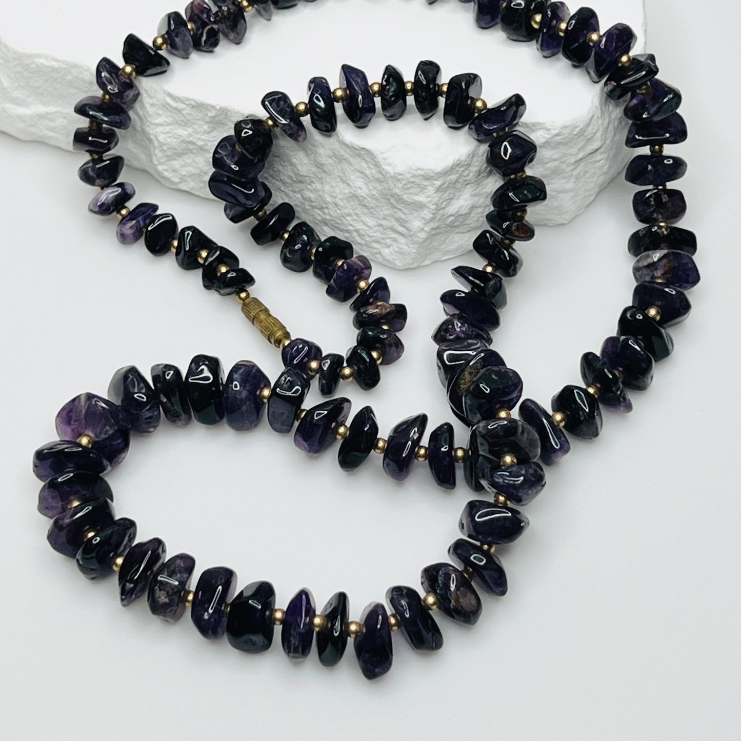 Vintage long amethyst nugget necklace with brass spacers and barrel clasp