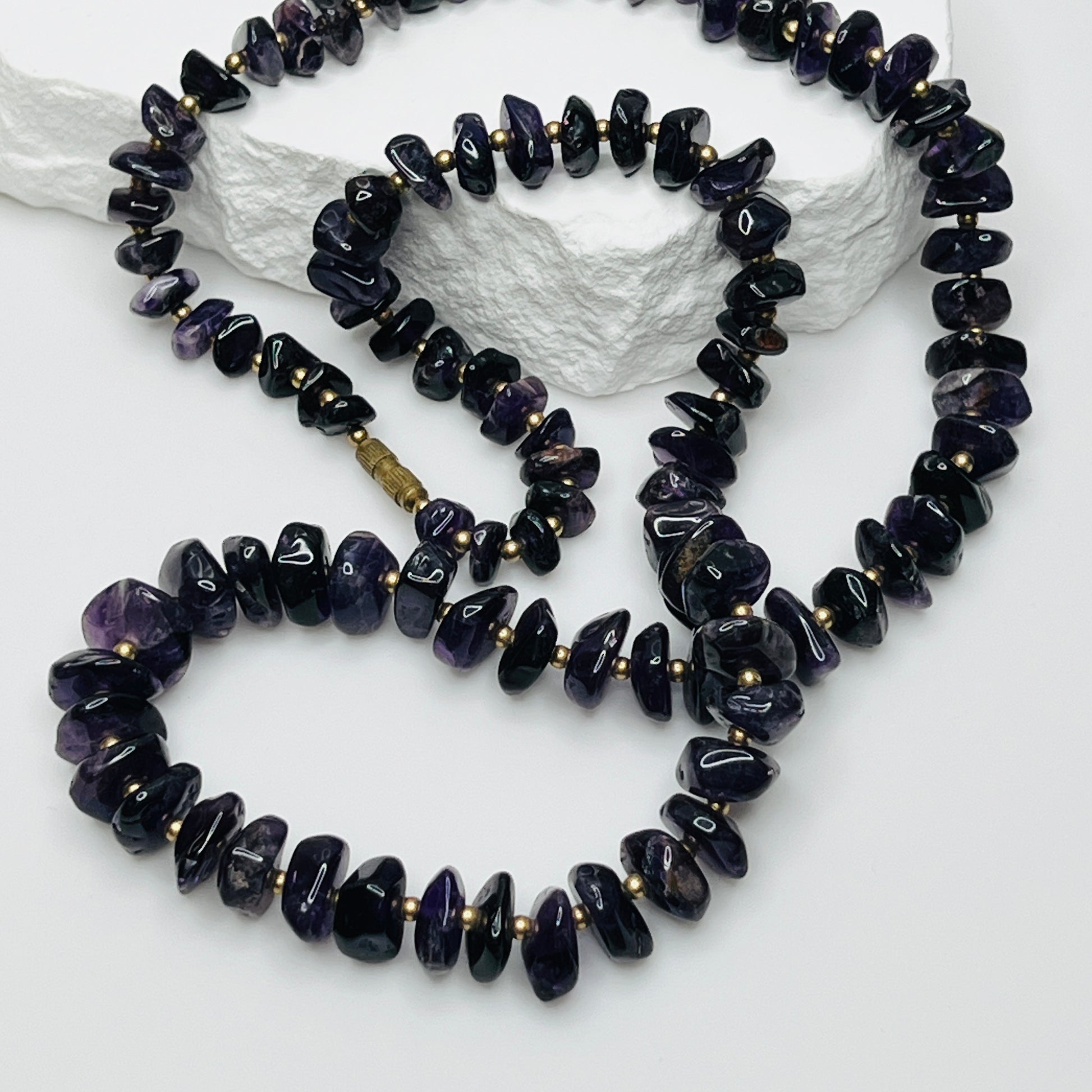 Vintage long amethyst nugget necklace with brass spacers and barrel clasp