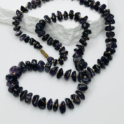 Vintage long amethyst nugget necklace with brass spacers and barrel clasp