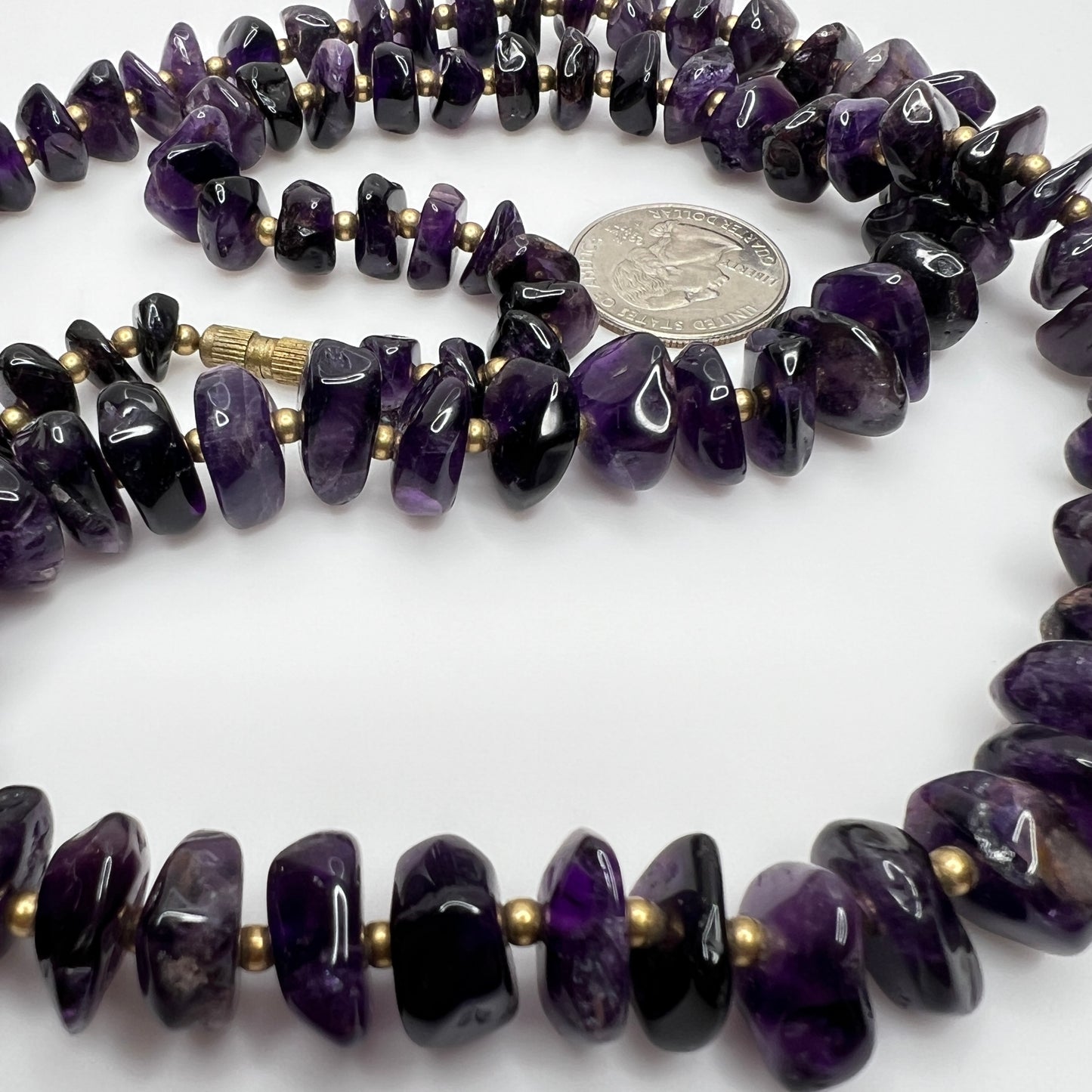 Vintage long amethyst nugget necklace with brass spacers and barrel clasp