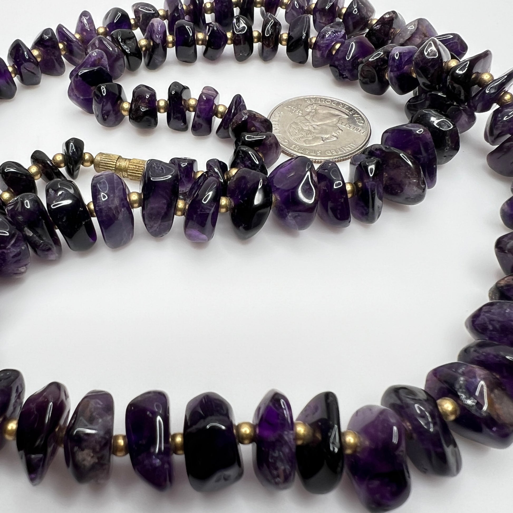 Vintage long amethyst nugget necklace with brass spacers and barrel clasp