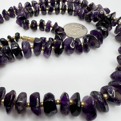 Vintage long amethyst nugget necklace with brass spacers and barrel clasp