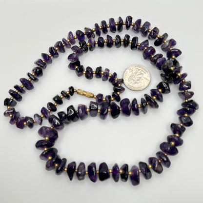 Vintage long amethyst nugget necklace with brass spacers and barrel clasp