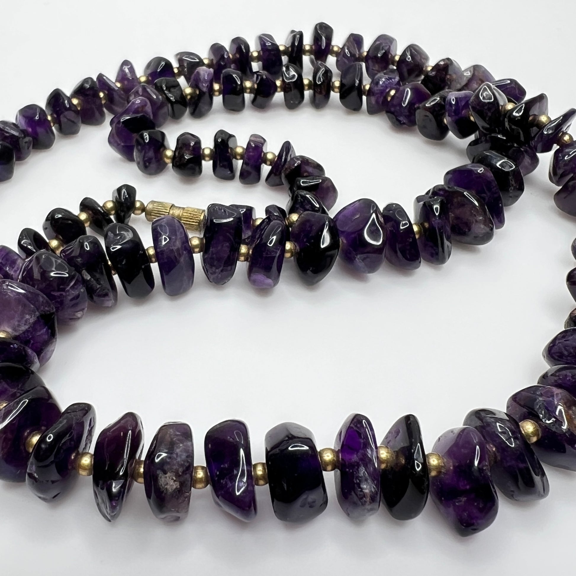 Vintage long amethyst nugget necklace with brass spacers and barrel clasp