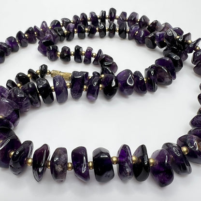 Vintage long amethyst nugget necklace with brass spacers and barrel clasp