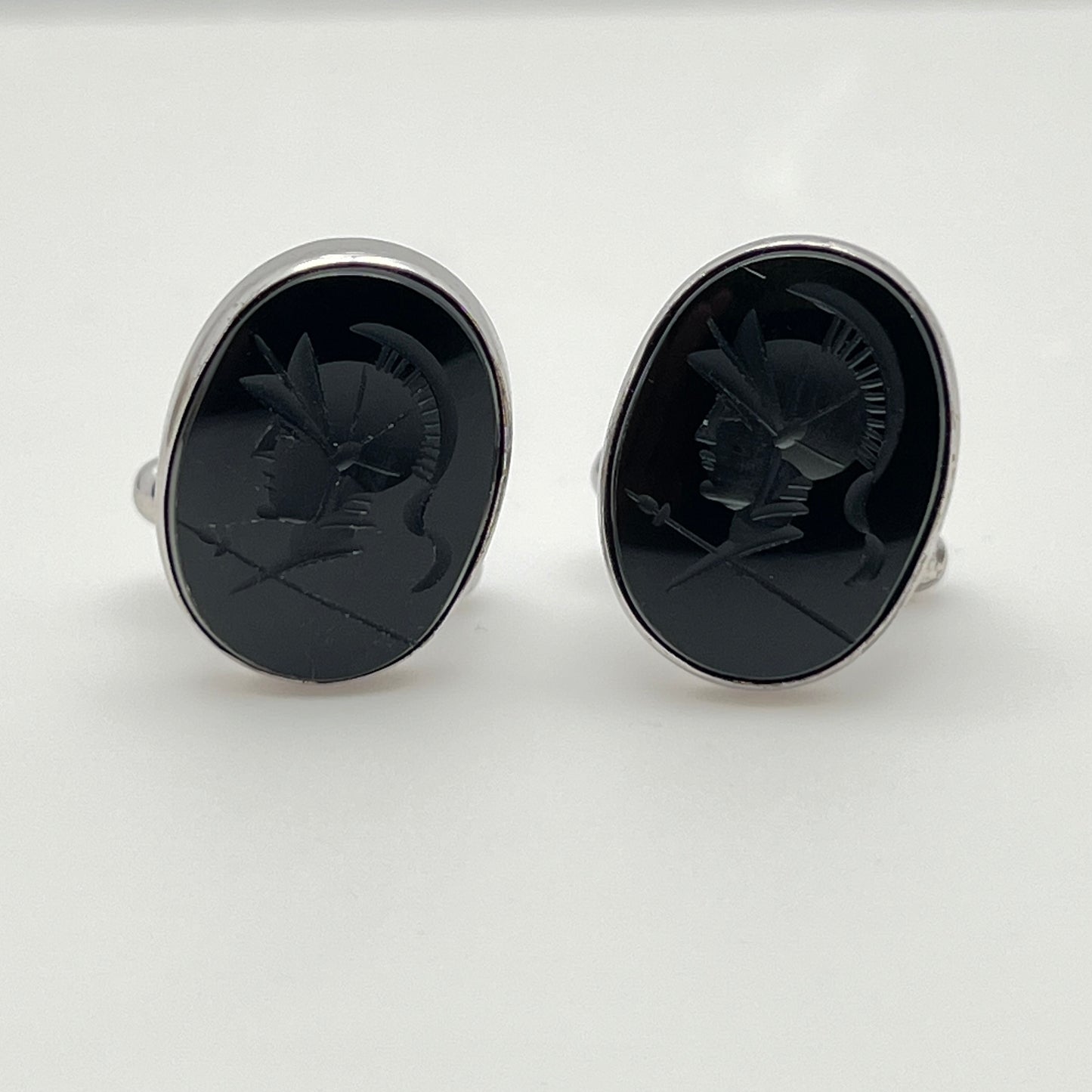 Sterling silver cufflinks with black Roman centurion intaglios, front view