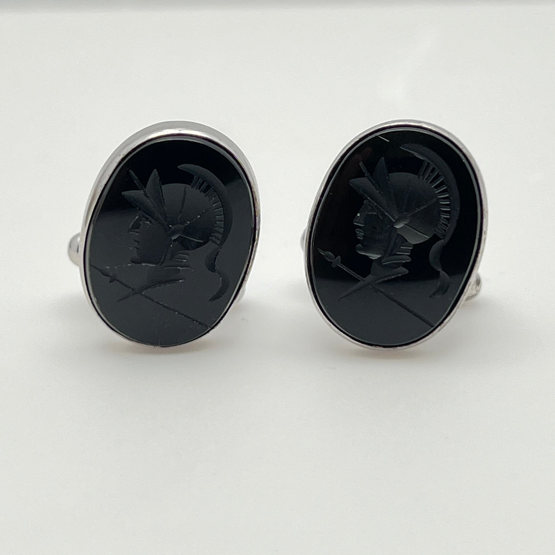 Sterling silver cufflinks with black Roman centurion intaglios, front view