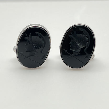 Sterling silver cufflinks with black Roman centurion intaglios, front view