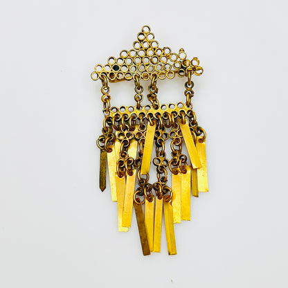 1920s Art Deco brass tassel brooch with geometric fringe dangles