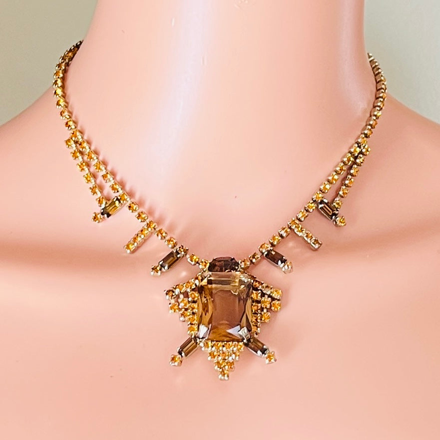 Art Deco amber rhinestone choker with prong set glass stones