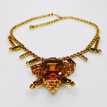 Vintage orange and amber rhinestone necklace, 15 inch length