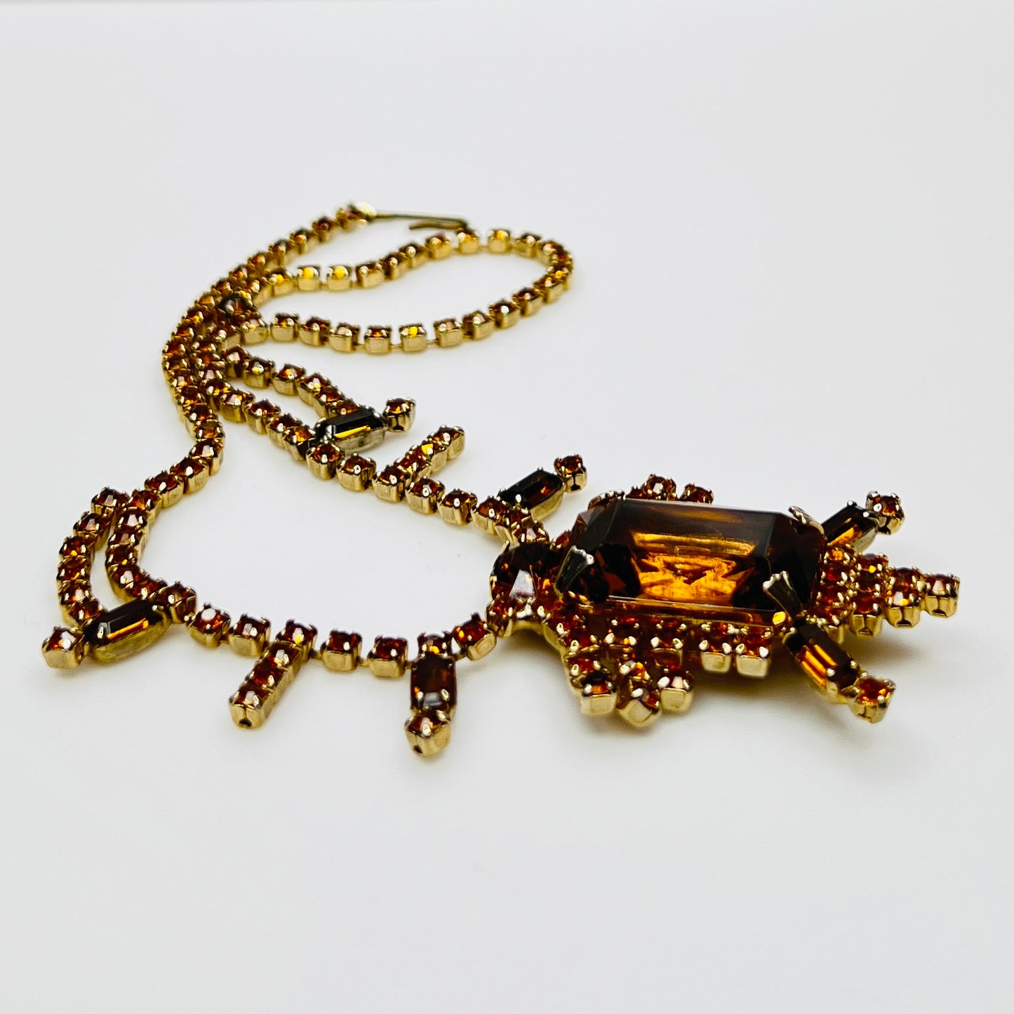Vintage orange and amber rhinestone necklace, 15 inch length