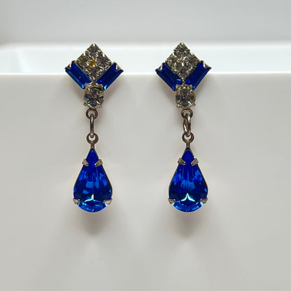 Vintage dangle earrings with deep blue and clear stones