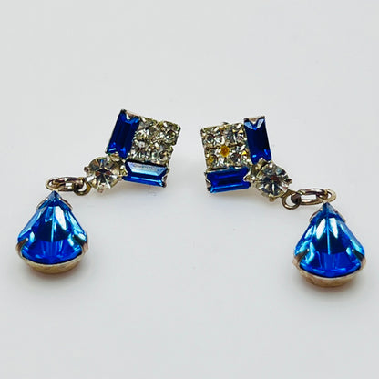 Art Deco-style blue rhinestone teardrop earrings with crystal accents