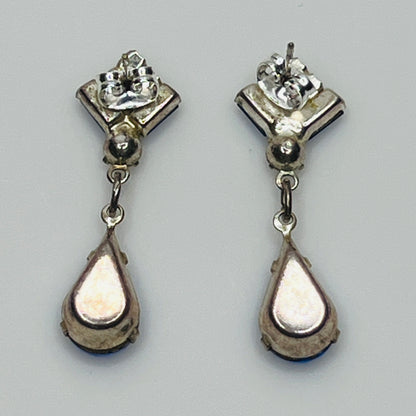 Art Deco-style blue rhinestone teardrop earrings with crystal accents