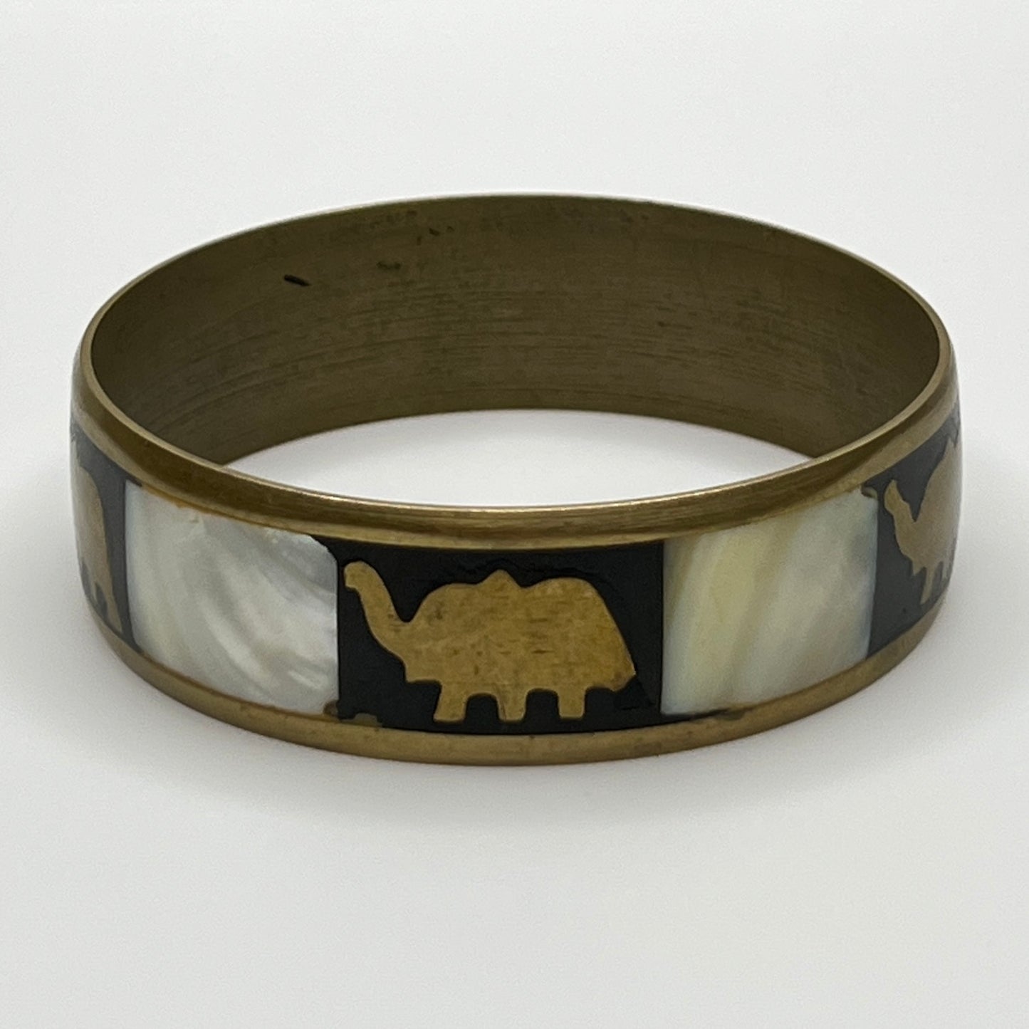 Vintage brass bangle with elephant and mother of pearl inlay