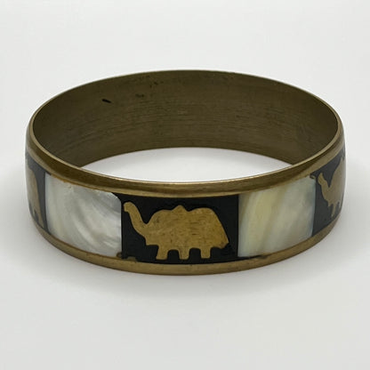 Vintage brass bangle with elephant and mother of pearl inlay