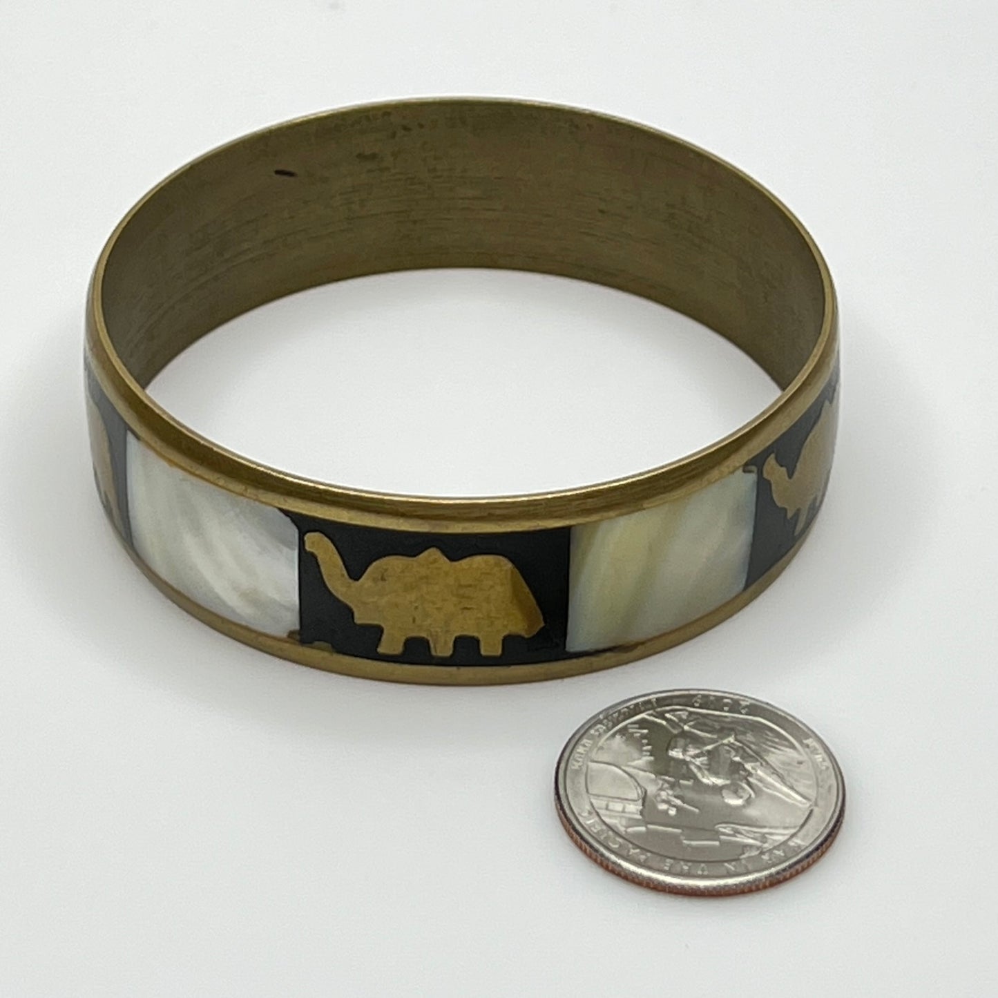 Vintage brass bangle with elephant and mother of pearl inlay