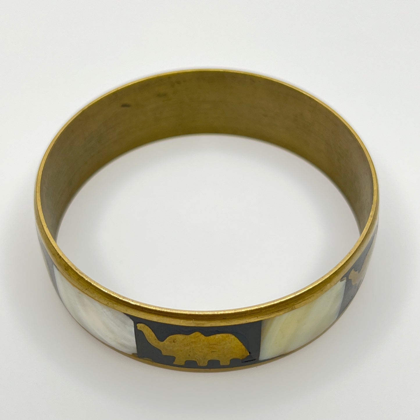 Vintage brass bangle with elephant and mother of pearl inlay