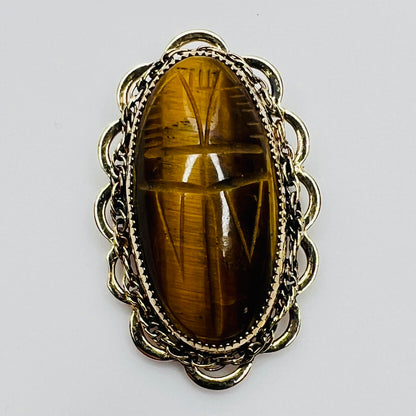 Vintage Catamore brooch with carved tiger’s eye scarab and gold-filled filigree frame