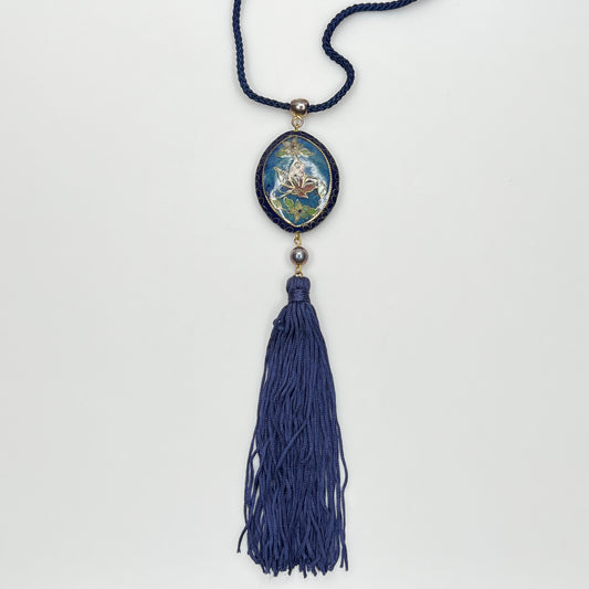 Reversible cloisonné pendant necklace with navy cord and tassel