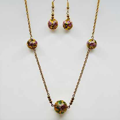 Cloisonné necklace and earring set with floral enamel beads in pink, blue, and green