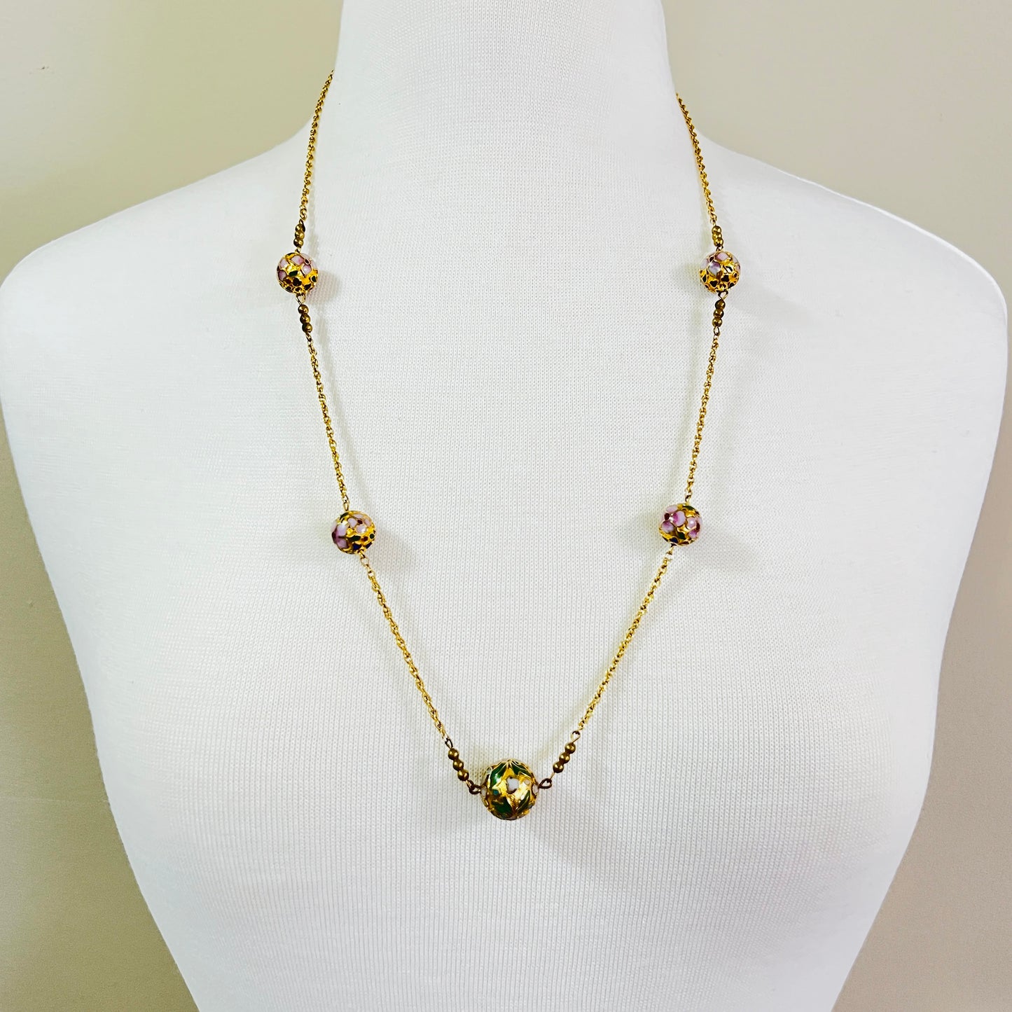 Cloisonné necklace and earring set with floral enamel beads in pink, blue, and green