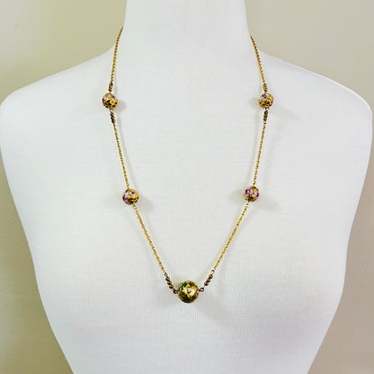 Cloisonné necklace and earring set with floral enamel beads in pink, blue, and green