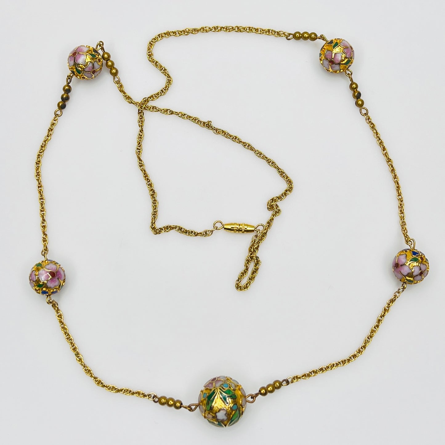 Cloisonné necklace and earring set with floral enamel beads in pink, blue, and green