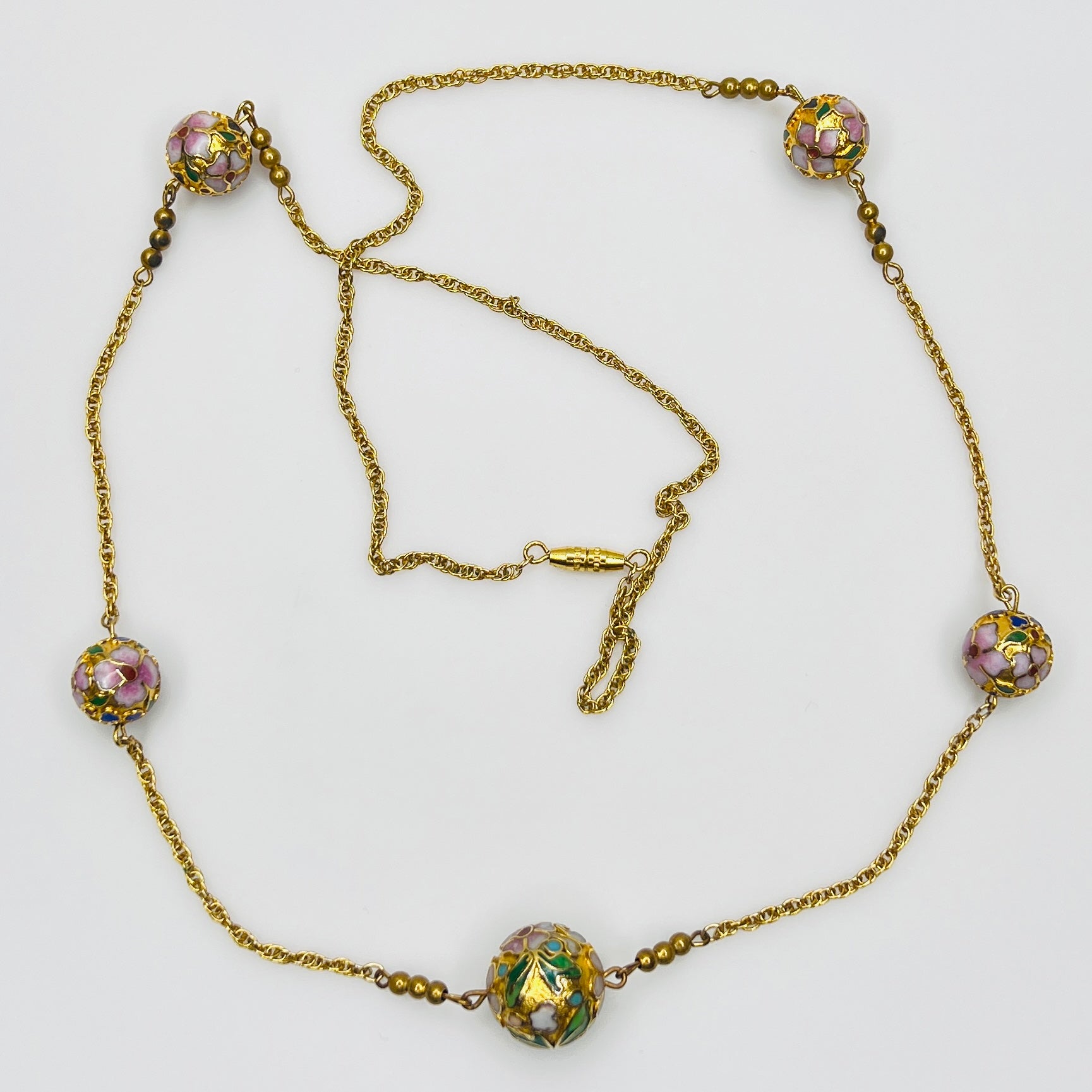 Cloisonné necklace and earring set with floral enamel beads in pink, blue, and green